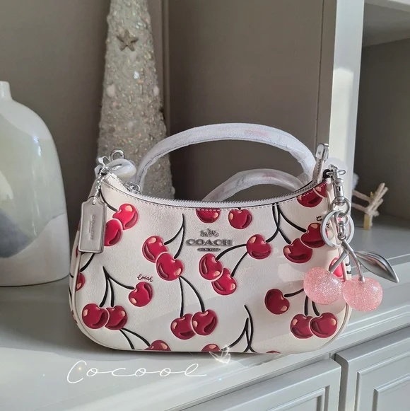 Coach Teri Shoulder Bag In Signature Canvas With Cherry Print Pink Cherry Charm - Picture 3 of 15